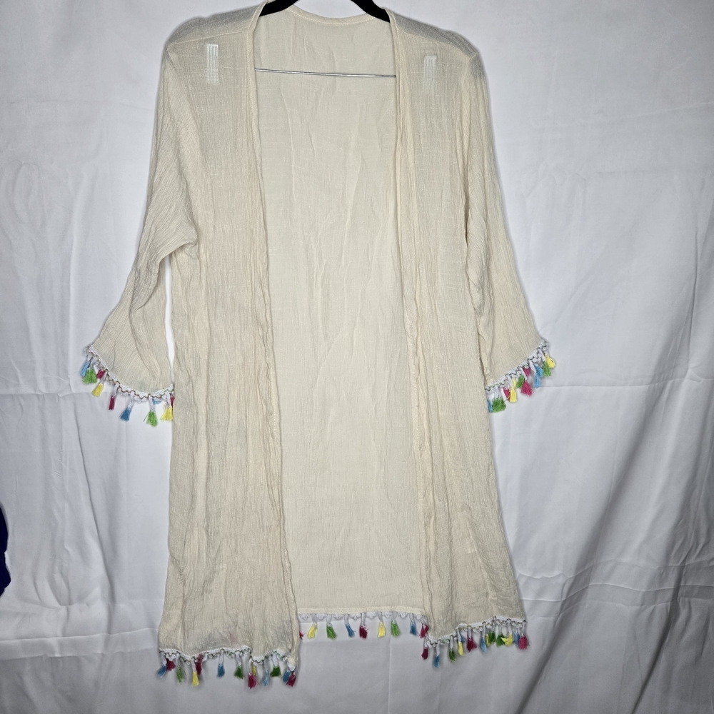 Large Cream Pride Colorful Tassel Trim Kimono Cardigan Bohi Hippie Festival